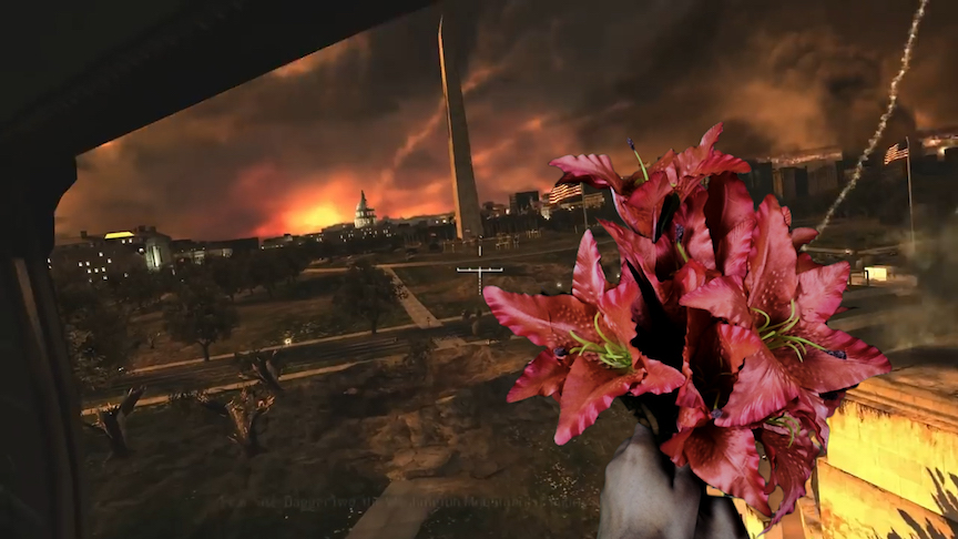Still from a video by Maggie Hazen, flowers in bombed washington