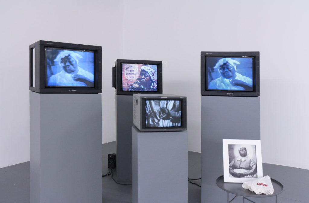 Video installation by Ina Archer, four crt monitors and photo portrait