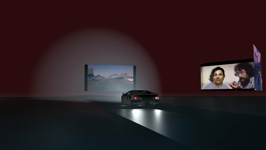 Still from a video by Meredith Drum, car and video projections