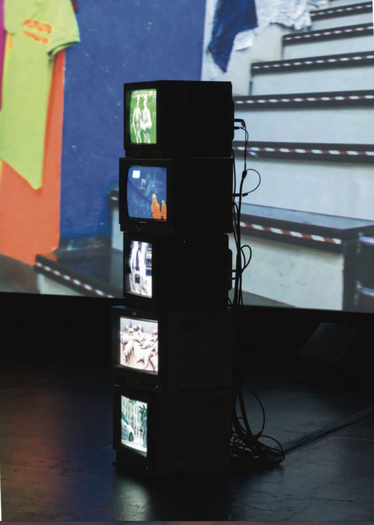 Video sculpture by Peggy Ahwesh, stacked crt monitors