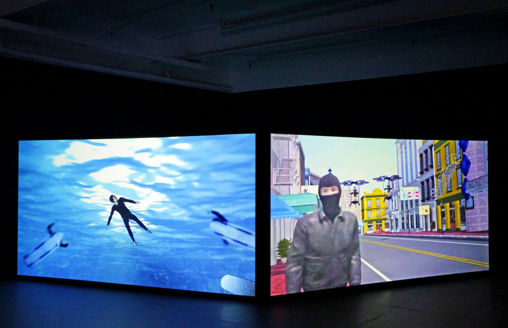 Double video projection work by Peggy Ahwesh, man underwater and man in a city