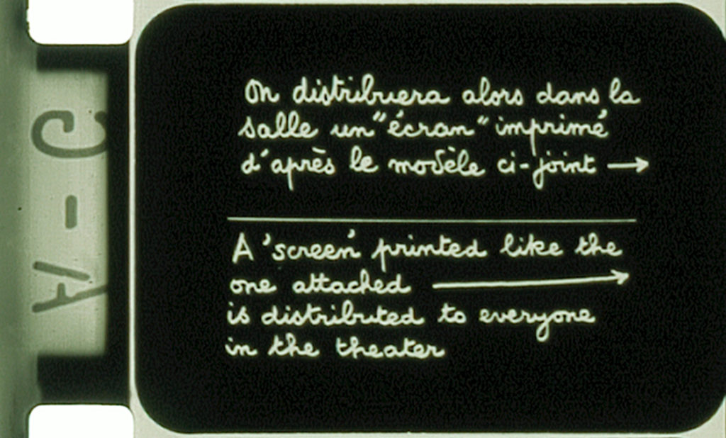 Still from Maurice Lemaitre's film "Imaginary Films,"written text with instructions for the audience