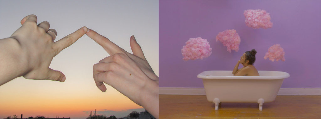 Two still from two videos by Alex Burholt and Domenica Garcia, hands to the left and woman in bath tub on the right