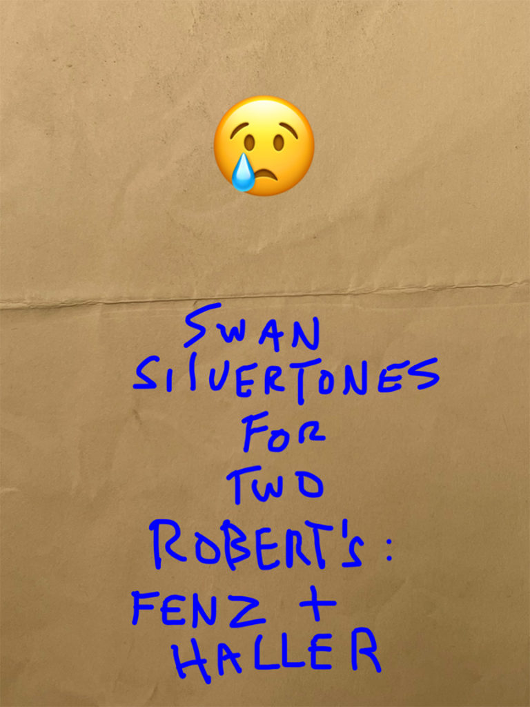 Paper bag with crying emoji and title Swan Silvertones for two roberts Fenz and Haller
