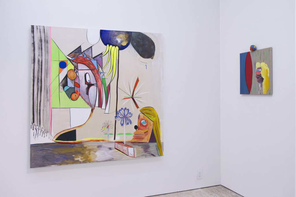 Installation view of Rachel Phillip's paintings, sculptures and drawings