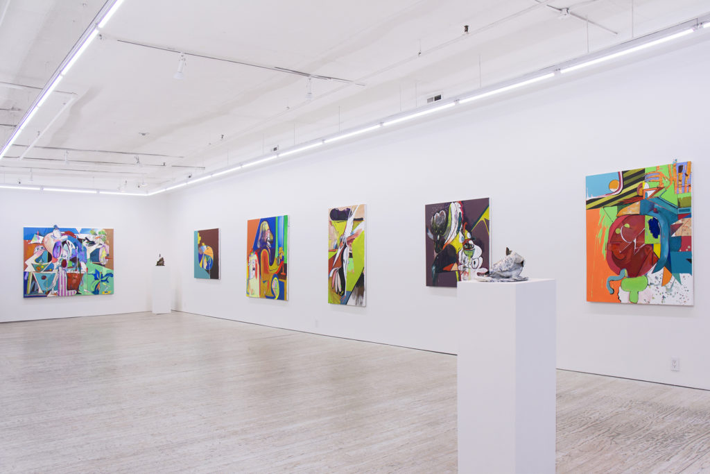 Installation view of Rachel Phillip's paintings, sculptures and drawings