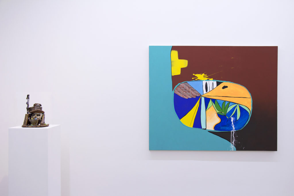 Installation view of Rachel Phillip's paintings, sculptures and drawings